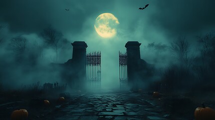 Spooky graveyard gate, moonlit night, Halloween scene, pumpkins