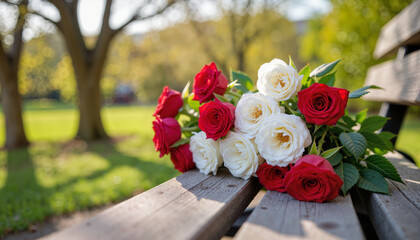 Red and white roses displayed on a wooden bench in a spring park, beauty