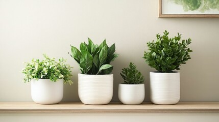 Fototapeta premium Refined indoor plant and floral decor arrangement displayed on a wooden shelf creating a modern and botanical styling for a cozy and tranquil ambiance in a living space