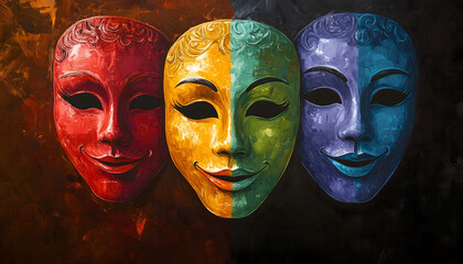 Obraz premium A vibrant painting of three colorful drama masks