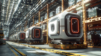  futuristic electric cargo pods in a smart warehouse