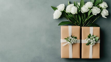 Beautifully arranged eco friendly flowers in sustainable cardboard boxes wrapped with natural ribbons creating a stylish and environmentally conscious gift concept