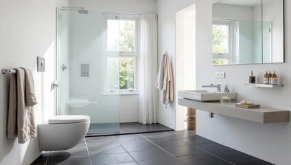 A serene white bathroom features sleek black square tiles on the floor, harmonized with a modern toilet, sink, shower, and glass door, creating an elegant indoor oasis