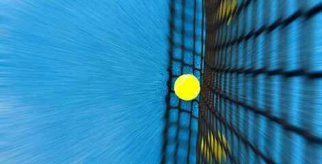 balls near the net of a blue paddle tennis court, sports courts