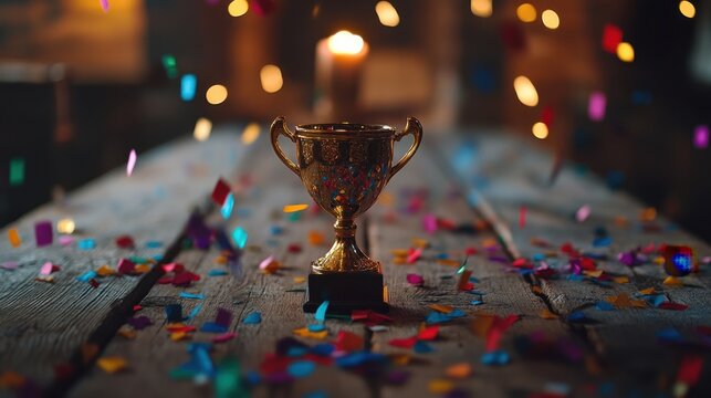 A trophy on a wooden table, surrounded by confetti, symbolizing recognition and achievement.