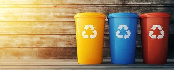 Climate solutions recycling programs concept. Recycling bins in vibrant colors against a wooden background.