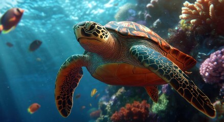 Fototapeta premium Sea turtle gracefully glides through the ocean among colorful coral reefs and small fish