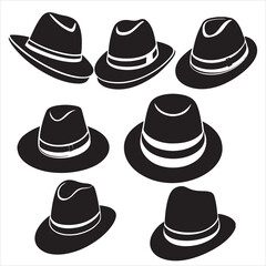 set of vector various fedora hat silhouettes