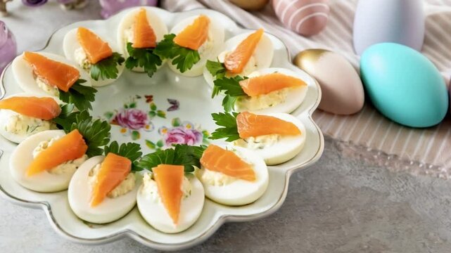 Elegant easter table setting with deviled eggs and colorful pastel accents