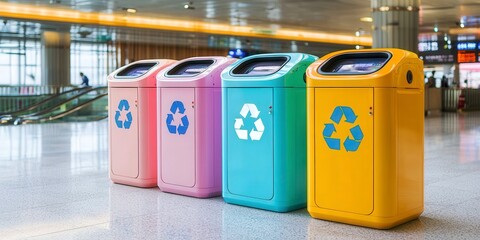 Climate solutions recycling programs concept. Colorful recycling bins in a modern public space.