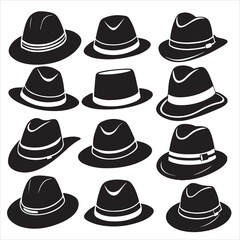 set of vector various fedora hat silhouettes