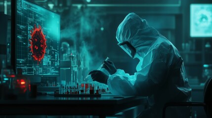 Man silhouette in a protective suit examines the virus in the laboratory