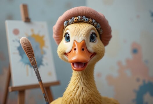 Adorable duckling artist in beret holding paintbrush near easel Ready to create