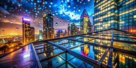 Fototapeta premium Night Cityscape View Through Glass Roof - Modern Architecture, Urban Skyline, Starry Night