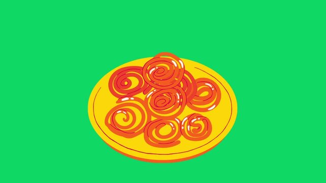 Animation of sweet dish jalebi on green background hd.
Vector animation 3d. Advertising banner.