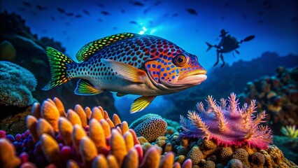 Fototapeta premium Night Dive: Juvenile Dotted Sweetlips in Coral Reef