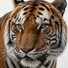 a tiger, showcasing its piercing golden eyes, distinctive black stripes, and powerful whiskers.
