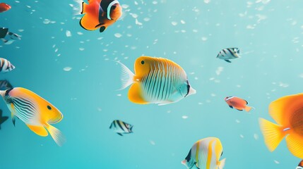 A colorful array of fish swim in clear, blue water.