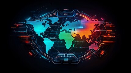 Global network map, data visualization, digital world, technology background, futuristic interface