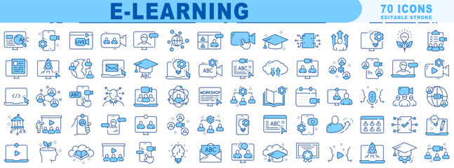 Big set of e-learning related fill icons. Education, online, seminar, conference etc
