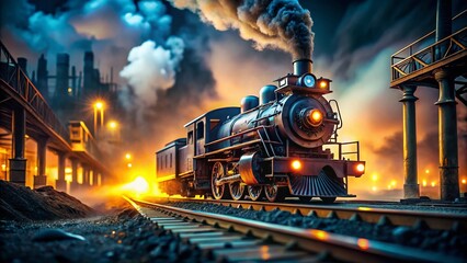 Obraz premium Night Industrial Landscape with Double Exposure Model Train