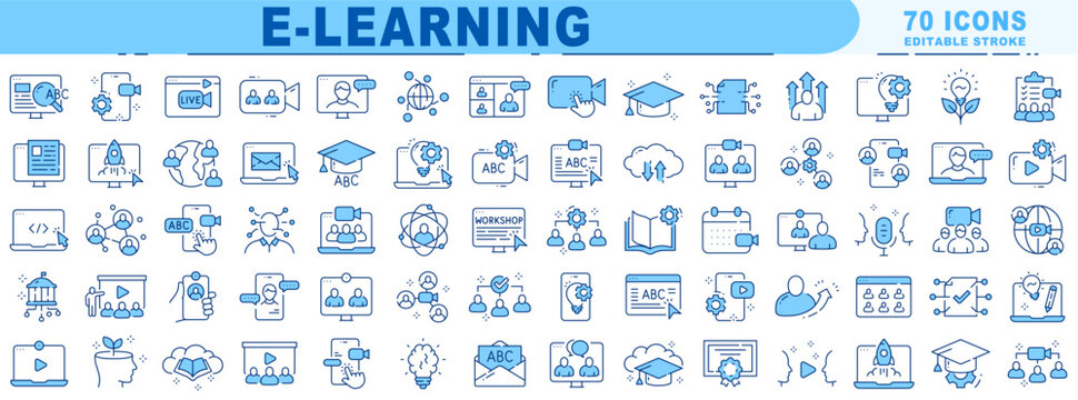 Big set of e-learning related fill icons. Education, online, seminar, conference etc