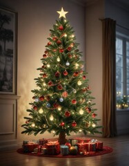 Christmas Tree decorated with lights and ornaments, colored lights, holiday lighting
