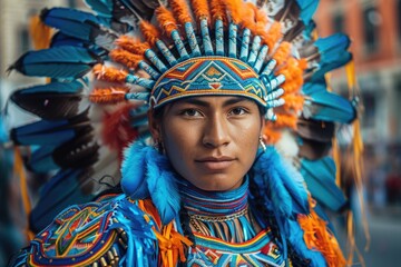 Fototapeta premium Mardi Gras Indians Fat Tuesday young indigenous performer stands proudly, showcasing intricate traditional attire adorned with vibrant colors and feathers