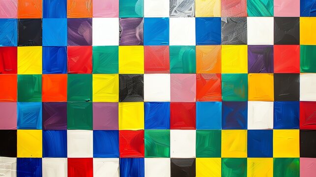 A grid of colorful squares painted on a canvas, creating a vibrant abstract pattern.