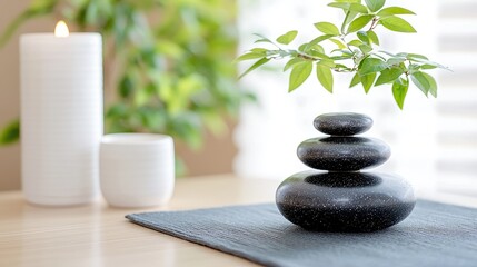 Obraz premium Zen stones, plant, candle, calm spa. Relaxation, wellness, serenity