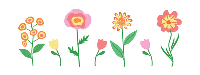Set of flowers. Vector of various abstract flowers, tulips, branch with flowers and leaves