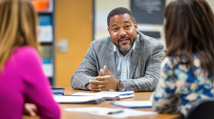 A school director meeting with teachers to discuss educational strategies.