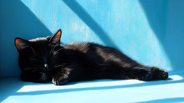 Fluffy black cat sleeping peacefully in a sunbeam on blue background