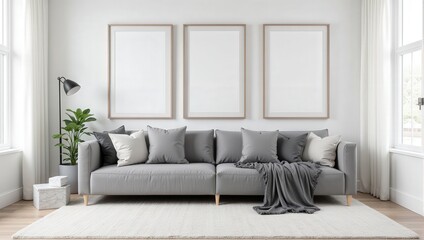 Fototapeta premium Sleek gray couch against pristine white walls, adorned with a chic gray blanket and trio of plush pillows in shades of gray, white, and neutral tones, inviting relaxation
