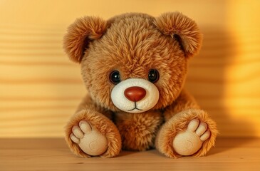 Obraz premium Brown teddy bear sitting alone on a wooden surface against a blurred background with his hands down created