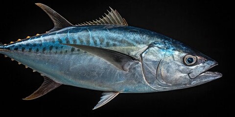 Close-up of a bluefin tuna's scales on a black background, fish, aquatic