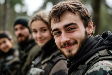 Obraz premium Close-Up of Paintball Players in Action, Wearing Protective Masks and Gear, Generative AI art