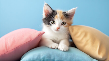 Fluffy calico kitten exploring a pile of soft pillows on blue background