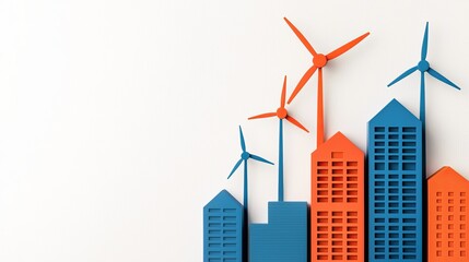 A colorful illustration of stylized buildings and wind turbines, representing renewable energy and sustainable urban development.