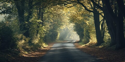 Obraz premium Sunlit Autumn Road Through A Lush Green Forest