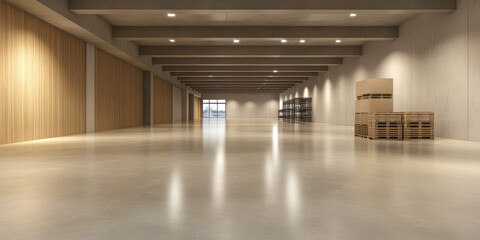 Open and spacious warehouse interior with wooden accents and storage areas