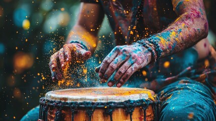 Vibrant Musician Playing the Dhol with Colorful Splashes and Expressive Movement During a Dynamic Performance