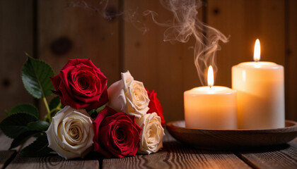 Obraz premium Tranquil red and white roses beside flickering candles, serene ambiance