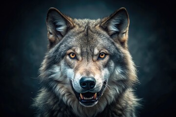 Close-up of a wolf's face with sharp teeth and piercing eyes, set against a dark and moody background, fur texture, outdoors