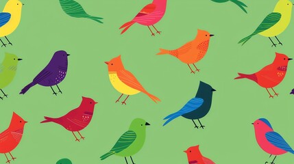 Obraz premium A pattern of colorful birds on a green background.