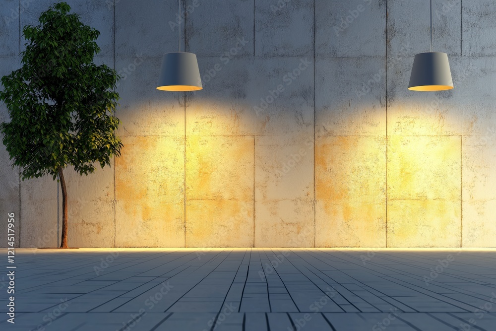 Wall mural Modern interior space with concrete wall, wooden floor, minimalist lamps, and a green plant for decoration