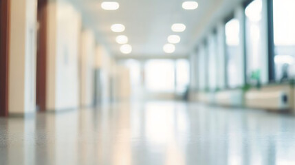 Blurred hospital corridor with clean, modern design and soft lighting, creating a calm and professional healthcare environment, emphasizing clinical and sterile ambiance.