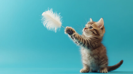 Fluffy kitten pawing at a feather duster in a living room on blue background
