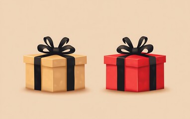 Obraz premium Two gift boxes, tied with black ribbons, on a beige background. Possible use stock image for Christmas or gift-related designs