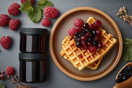 Golden waffles sit on a rustic plate, adorned with fresh raspberries and a mix of berry jams. Nearby, jars filled with jam complement this tempting breakfast scene